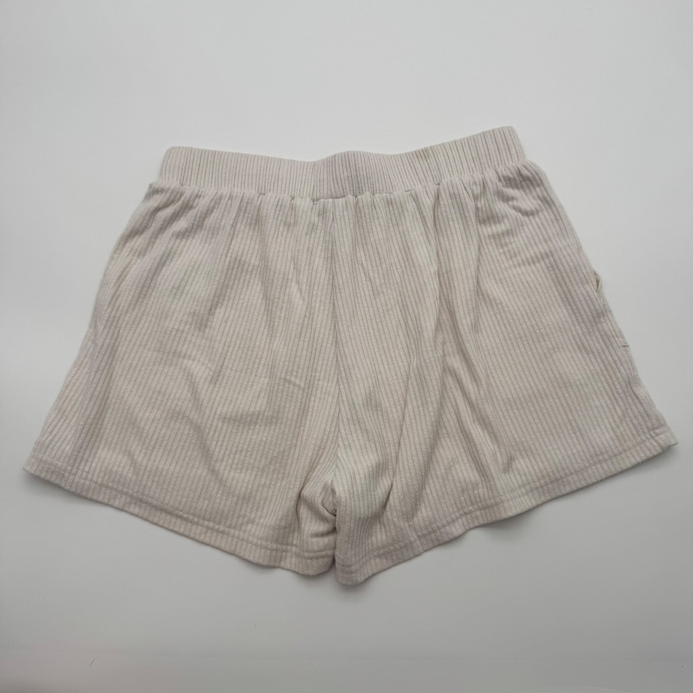Allfenix Ribbed Knit Lounge Shorts Oatmeal Cream Beige Elastic Waist Pockets L - Picture 3 of 7